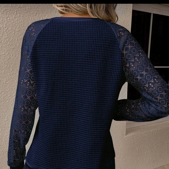 Navy Lace Sleeve Sweater - Picture 2 of 3